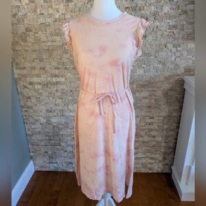 Women's Pink Tie Dye Cotton Ruffle Sleeve T-Shirt Midi Dress with Waist Tie Sz S